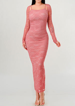 MAGNOLIA MAUVE SHAWL LACE BODYCON MIDI DRESS