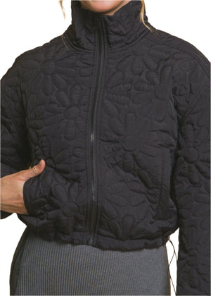 Fall Sunset Floral Quilted Zip-Up Jacket Black