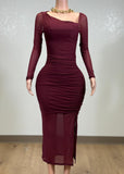 PIA BURGUNDY MESH RUCHED BODYCON MIDI DRESS