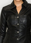 EVE BLACK FAUX LEATHER BUTTON DOWN LONG SLEEVE BLOUSE
