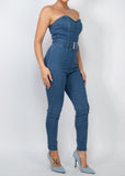 SERENITY BLUE DENIM TUBE BELTED SKINNY ZIPPERED JUMPSUIT