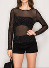 MAXIM BLACK RHINESTONE EMBELLISHED MESH LONG SLEEVE KNIT TOP
