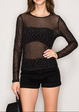 MAXIM BLACK RHINESTONE EMBELLISHED MESH LONG SLEEVE KNIT TOP