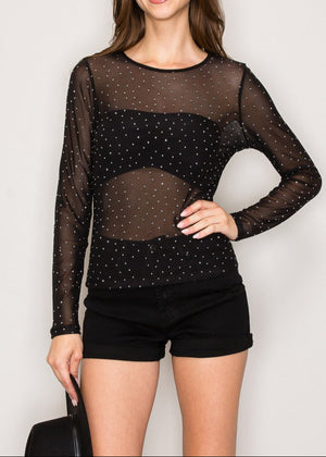 MAXIM BLACK RHINESTONE EMBELLISHED MESH LONG SLEEVE KNIT TOP