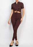 RIO BROWN COLLARED SNAP BUTTON SELF-TIE JUMPSUIT