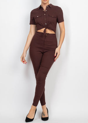 RIO BROWN COLLARED SNAP BUTTON SELF-TIE JUMPSUIT