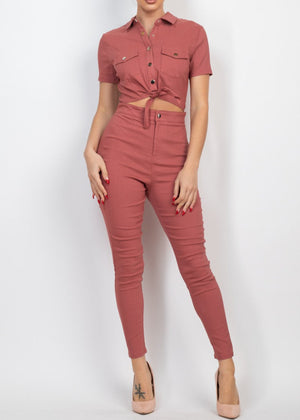 RIO ROSY COLLARED SNAP BUTTON SELF-TIE JUMPSUIT