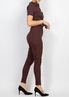 RIO BROWN COLLARED SNAP BUTTON SELF-TIE JUMPSUIT