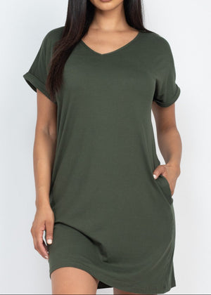GRETA OLIVE RELAXED FIT V-NECK MINI DRESS