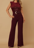 HADLEY BURGUNDY VELVET SEQUINS BELTED JUMPSUIT