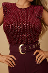 HADLEY BURGUNDY VELVET SEQUINS BELTED JUMPSUIT