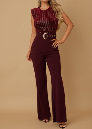 HADLEY BURGUNDY VELVET SEQUINS BELTED JUMPSUIT