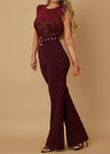 HADLEY BURGUNDY VELVET SEQUINS BELTED JUMPSUIT