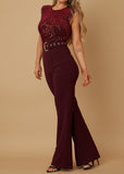 HADLEY BURGUNDY VELVET SEQUINS BELTED JUMPSUIT