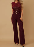 HADLEY BURGUNDY VELVET SEQUINS BELTED JUMPSUIT