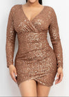 STELLA MOCHA SEQUIN WRAP LONG SLEEVE BODYCON MINI DRESS