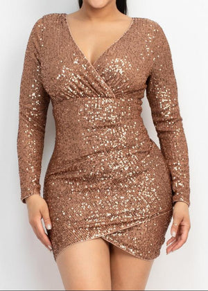 STELLA MOCHA SEQUIN WRAP LONG SLEEVE BODYCON MINI DRESS