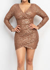 STELLA MOCHA SEQUIN WRAP LONG SLEEVE BODYCON MINI DRESS