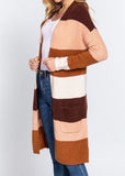 Long Sleeve Open Front Color Block Cardigan Brown-Sepia-Pink