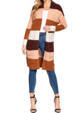 Long Sleeve Open Front Color Block Cardigan Brown-Sepia-Pink