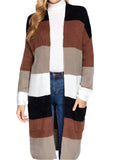 Long Sleeve Open Front Color Block Cardigan Brown-Black-White