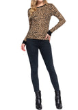 Long Sleeve Crew Neck Animal Printed Thermal Knit Top Brown-Black