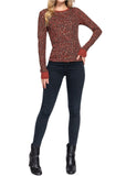 Long Sleeve Crew Neck Animal Printed Thermal Knit Top Rust-Black