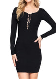 Natty Long Sleeve Front Lace Up Detail Stretchy Mini Dress Black