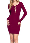 Natty Long Sleeve Front Lace Up Detail Stretchy Mini Dress Burgundy