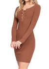 Natty Long Sleeve Front Lace Up Detail Stretchy Mini Dress Brown