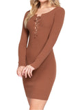 Natty Long Sleeve Front Lace Up Detail Stretchy Mini Dress Brown