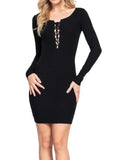 Natty Long Sleeve Front Lace Up Detail Stretchy Mini Dress Black