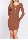 Natty Long Sleeve Front Lace Up Detail Stretchy Mini Dress Brown