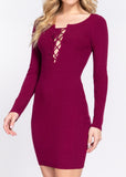 Natty Long Sleeve Front Lace Up Detail Stretchy Mini Dress Burgundy