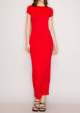 ELEANOR RED SHORT SLEEVE LIGHTWEIGHT DOUBLE LAYERED BODYCON MAXI DRESS