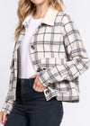 Bianka Long Sleeve Faux Fur Collar Plaid Shacket Ivory