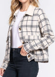 Bianka Long Sleeve Faux Fur Collar Plaid Shacket Ivory