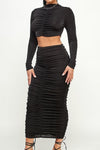 Maddie Long Sleeve Slinky shirred crop top and Midi skirt set BLACK