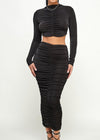 Maddie Long Sleeve Slinky shirred crop top and Midi skirt set BLACK