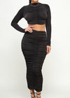 Maddie Long Sleeve Slinky shirred crop top and Midi skirt set BLACK