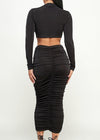 Maddie Long Sleeve Slinky shirred crop top and Midi skirt set BLACK