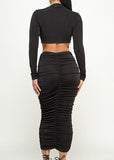 Maddie Long Sleeve Slinky shirred crop top and Midi skirt set BLACK