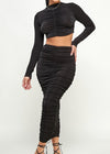 Maddie Long Sleeve Slinky shirred crop top and Midi skirt set BLACK