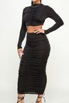 Maddie Long Sleeve Slinky shirred crop top and Midi skirt set BLACK