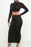 Maddie Long Sleeve Slinky shirred crop top and Midi skirt set BLACK