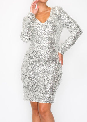 LYLA SILVER LONG SLEEVE SEQUIN MINI DRESS