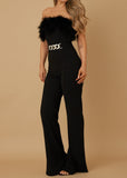 ELEANOR OFF SHOULDER FEATHER TOP DETAILED JUMPSUIT