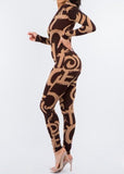 Claudette Deep V Neck Long Sleeve Brown Print Jumpsuit