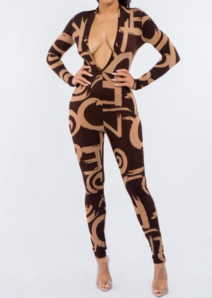 Claudette Deep V Neck Long Sleeve Brown Print Jumpsuit