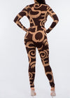 Claudette Deep V Neck Long Sleeve Brown Print Jumpsuit